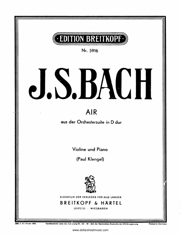 Product picture Bach Air on the G String For Violin Transposed to D